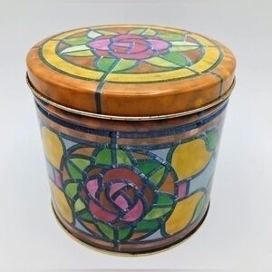 Vintage Metal Round Tin Box With Lid Stained Glass Design Floral Pink Roses